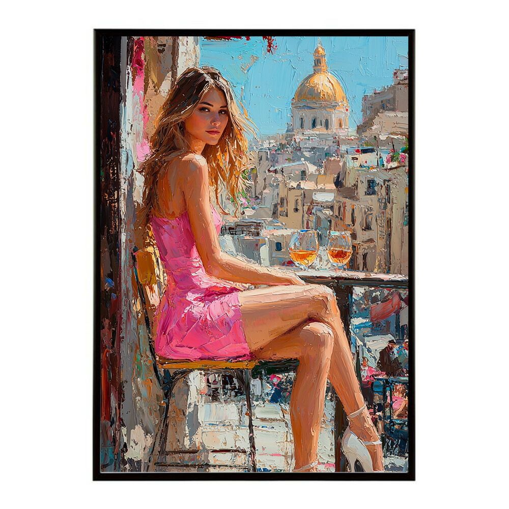 【A3サイズ（約30×42cm）】【lm-poster-2672】【フレーム付き】カフェに沈む午後 美女 絵画 画 油絵 ハンドメイド タッチ 手書き 街角 風景 カフェ ポスター インテリア