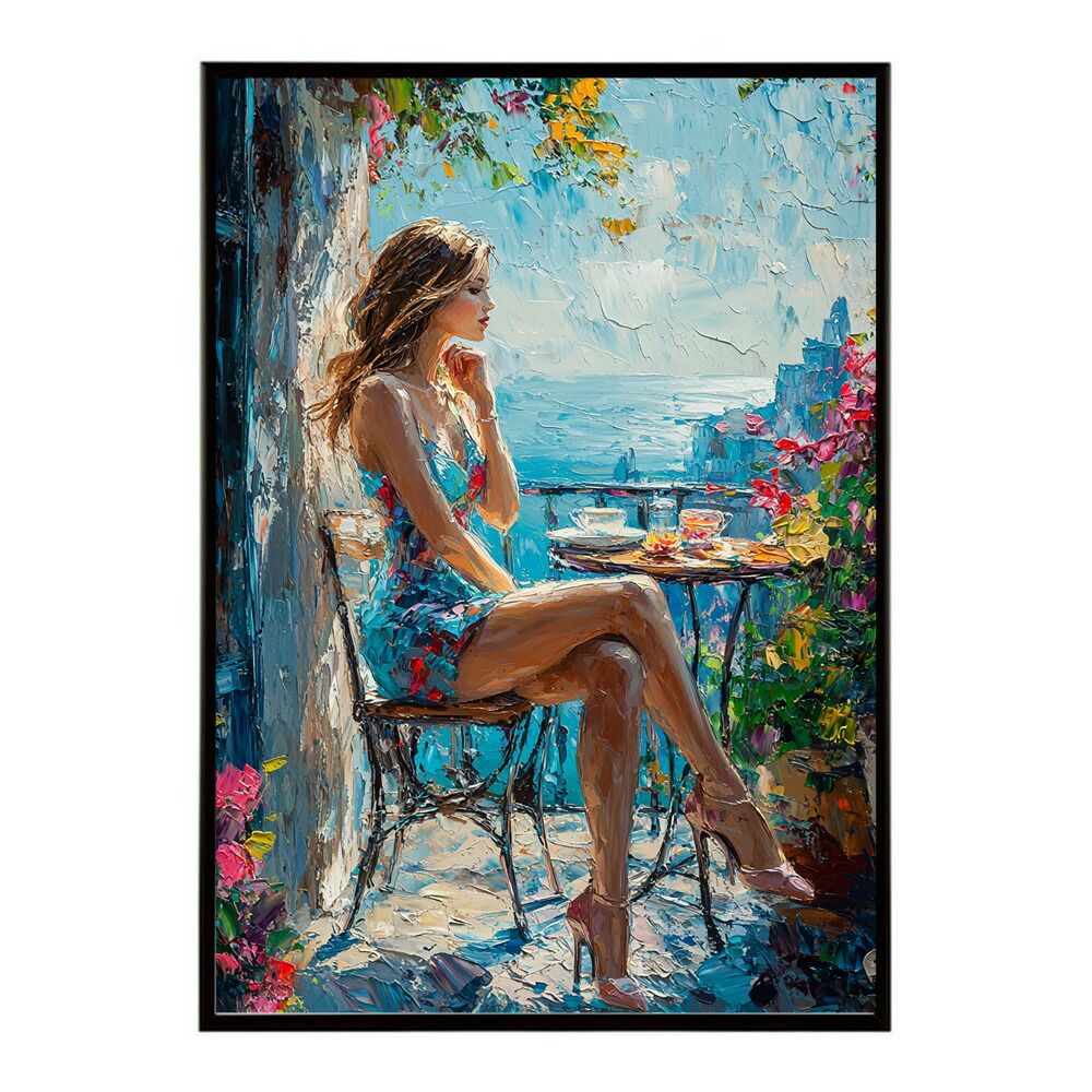 【A0サイズ（約84x119cm）】【lm-poster-2697】【フレーム付き】カフェに沈む午後 美女 絵画 画 油絵 ハンドメイド タッチ 手書き 街角 風景 カフェ ポスター インテリア