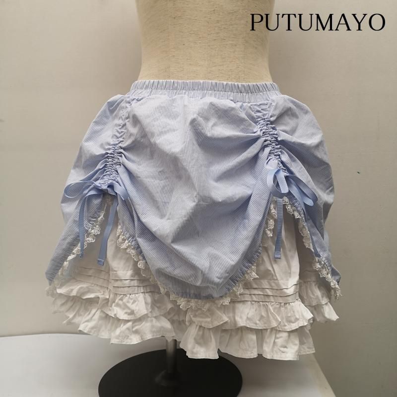 PUTUMAYO ミニスカート　used プトマヨ ストライプ サイド リボン サックス スカート レディース
