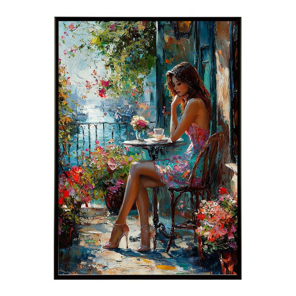A1サイズ（約59x84cm）lm-poster-2718フレーム付きカフェに沈む午後 美女 絵画 画 油絵 ハンドメイド タッチ 手書き  街角 風景 カフェ ポスター インテリア