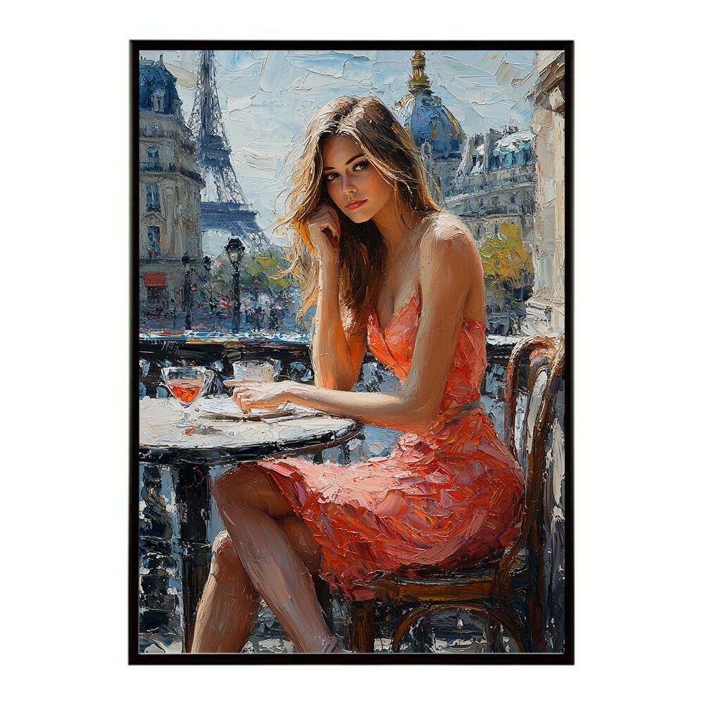 【A2サイズ（約42x59cm）】【lm-poster-2720】【フレーム付き】カフェに沈む午後 美女 絵画 画 油絵 ハンドメイド タッチ 手書き 街角 風景 カフェ ポスター インテリア
