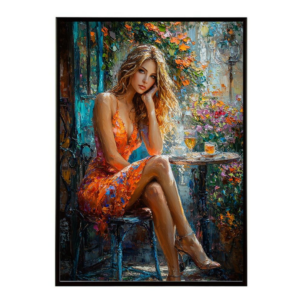 【A0サイズ（約84x119cm）】【lm-poster-2731】【フレーム付き】カフェに沈む午後 美女 絵画 画 油絵 ハンドメイド タッチ 手書き 街角 風景 カフェ ポスター インテリア