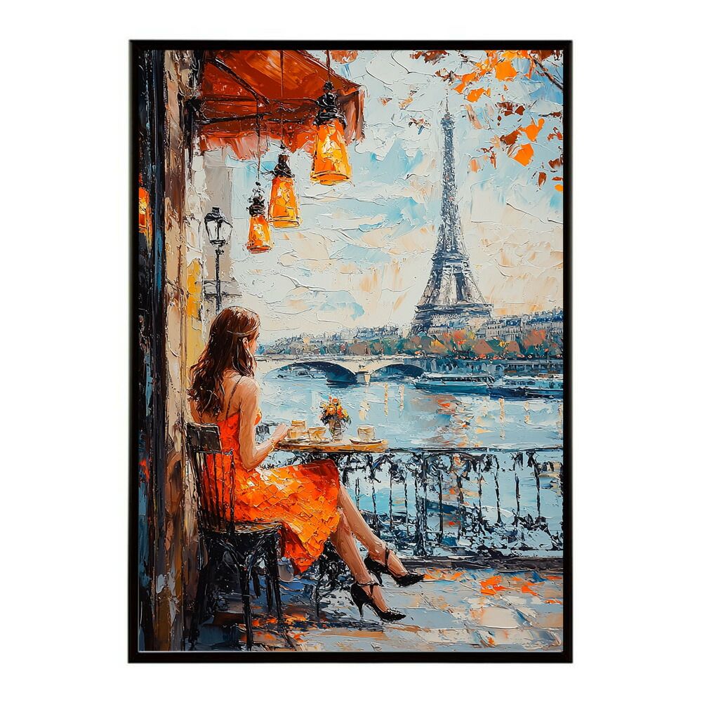 【A2サイズ（約42x59cm）】【lm-poster-2739】【フレーム付き】カフェに沈む午後 美女 絵画 画 油絵 ハンドメイド タッチ 手書き 街角 風景 カフェ ポスター インテリア