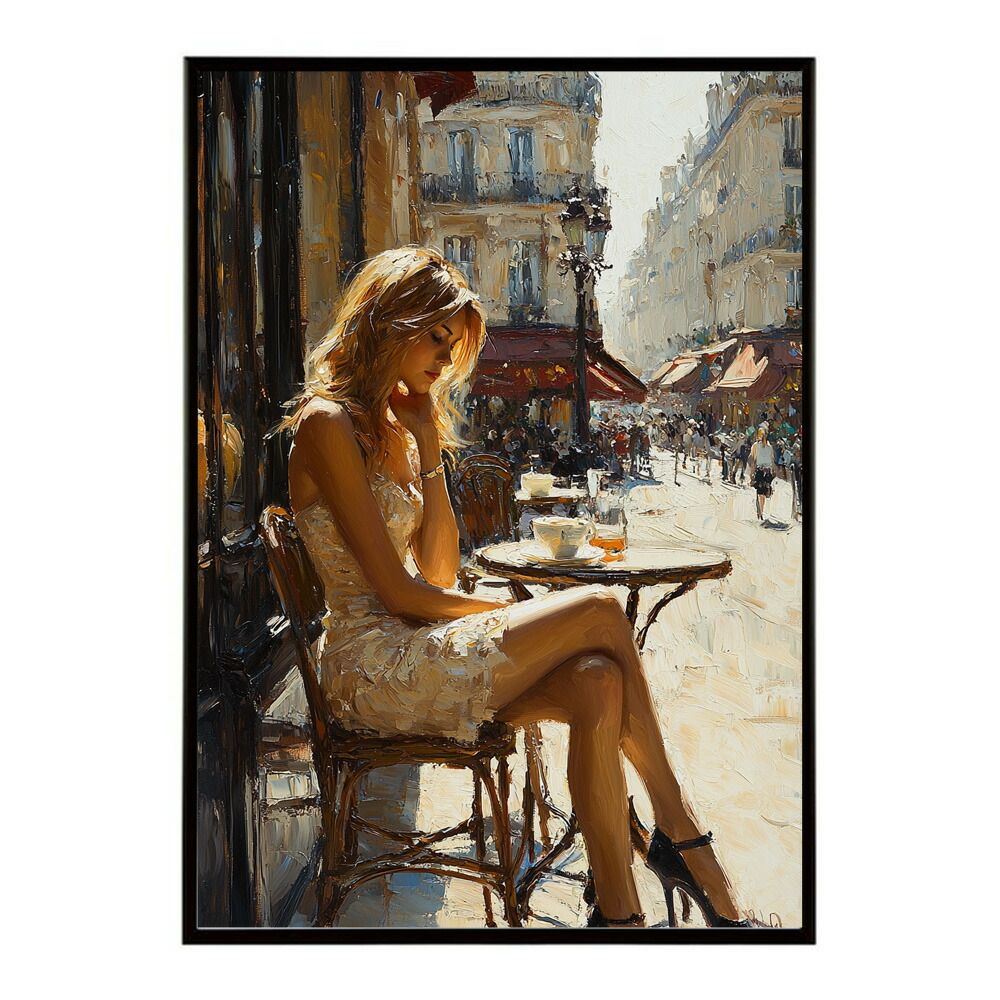 【B2サイズ（約51x73cm）】【lm-poster-2745】【フレーム付き】カフェに沈む午後 美女 絵画 画 油絵 ハンドメイド タッチ 手書き 街角 風景 カフェ ポスター インテリア