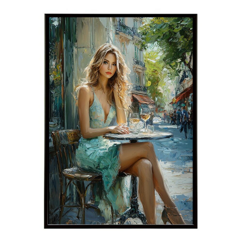 【A0サイズ（約84x119cm）】【lm-poster-2771】【フレーム付き】カフェに沈む午後 美女 絵画 画 油絵 ハンドメイド タッチ 手書き 街角 風景 カフェ ポスター インテリア