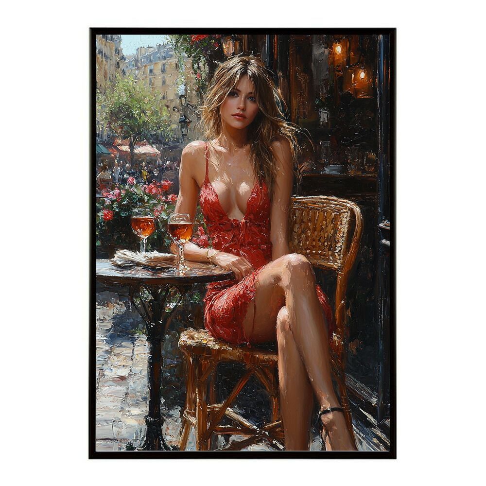 【B2サイズ（約51x73cm）】【lm-poster-2780】【フレーム付き】カフェに沈む午後 美女 絵画 画 油絵 ハンドメイド タッチ 手書き 街角 風景 カフェ ポスター インテリア