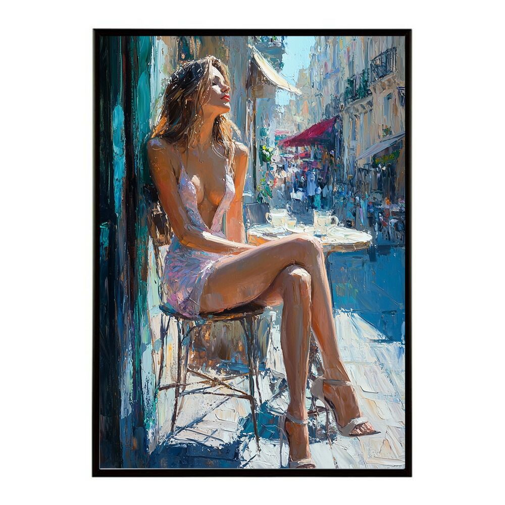 【A2サイズ（約42x59cm）】【lm-poster-2792】【フレーム付き】カフェに沈む午後 美女 絵画 画 油絵 ハンドメイド タッチ 手書き 街角 風景 カフェ ポスター インテリア