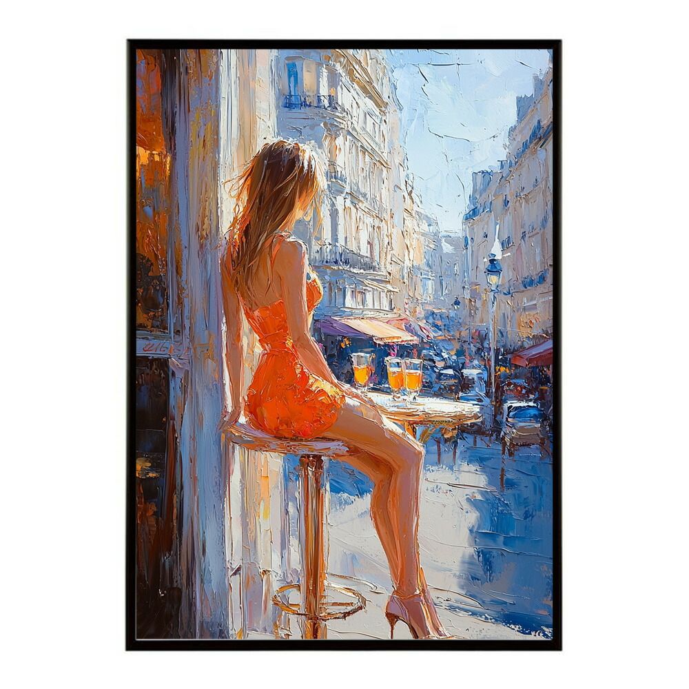 B 約73 x 103 cm lm poster 2810 フレーム付き カフェに沈む午後 美女 絵画 画 油絵 ハンドメイド タッチ 手書き 街角 風景 カフェ ポスター インテリア