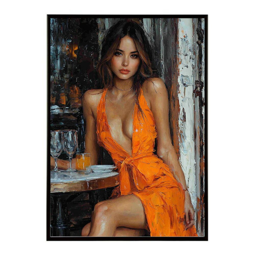B 約73 x 103 cm lm-poster-2811 フレーム付き カフェに沈む午後 美女 絵画 画 油絵 ハンドメイド タッチ 手書き 街角 風景 カフェ ポスター インテリア