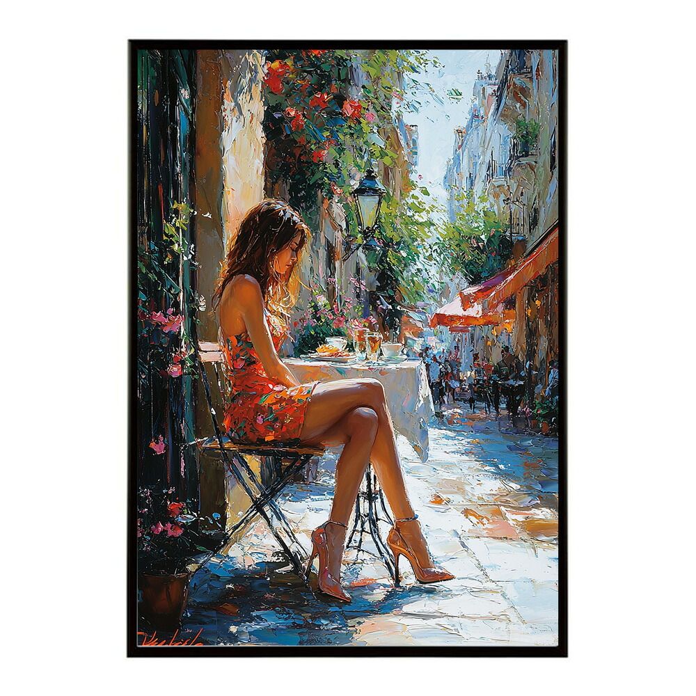A 約59 x 84 cm lm poster 2812 フレーム付き カフェに沈む午後 美女 絵画 画 油絵 ハンドメイド タッチ 手書き 街角 風景 カフェ ポスター インテリア