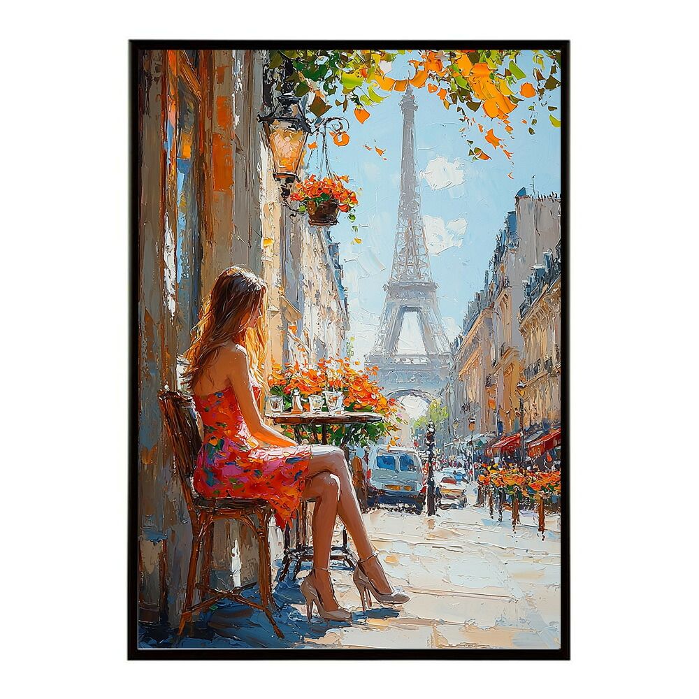 A 約84 x 119 cm lm-poster-2813 フレーム付き カフェに沈む午後 美女 絵画 画 油絵 ハンドメイド タッチ 手書き 街角 風景 カフェ ポスター インテリア