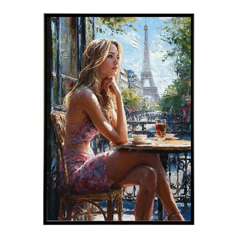 B 約73 x 103 cm lm-poster-2814 フレーム付き カフェに沈む午後 美女 絵画 画 油絵 ハンドメイド タッチ 手書き 街角 風景 カフェ ポスター インテリア