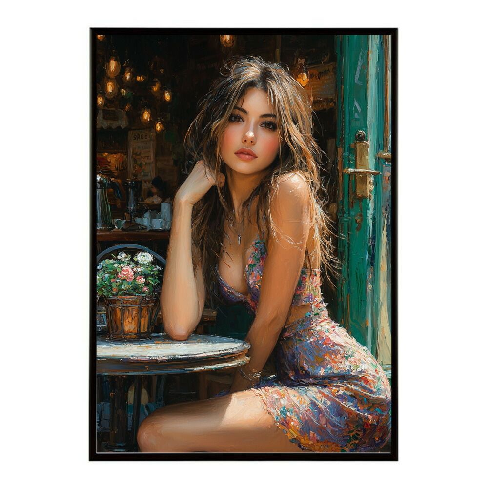 B 約73 x 103 cm lm poster 2815 フレーム付き カフェに沈む午後 美女 絵画 画 油絵 ハンドメイド タッチ 手書き 街角 風景 カフェ ポスター インテリア
