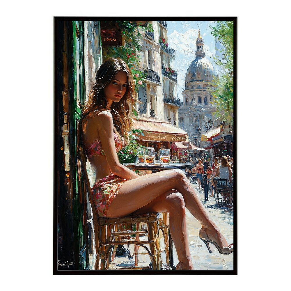 A 約84 x 119 cm lm poster 2816 フレーム付き カフェに沈む午後 美女 絵画 画 油絵 ハンドメイド タッチ 手書き 街角 風景 カフェ ポスター インテリア