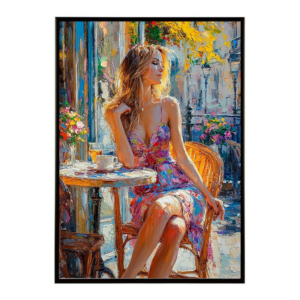 B 約73 x 103 cm lm-poster-2817 フレーム付き カフェに沈む午後 美女 絵画 画 油絵 ハンドメイド タッチ 手書き 街角 風景 カフェ ポスター インテリア