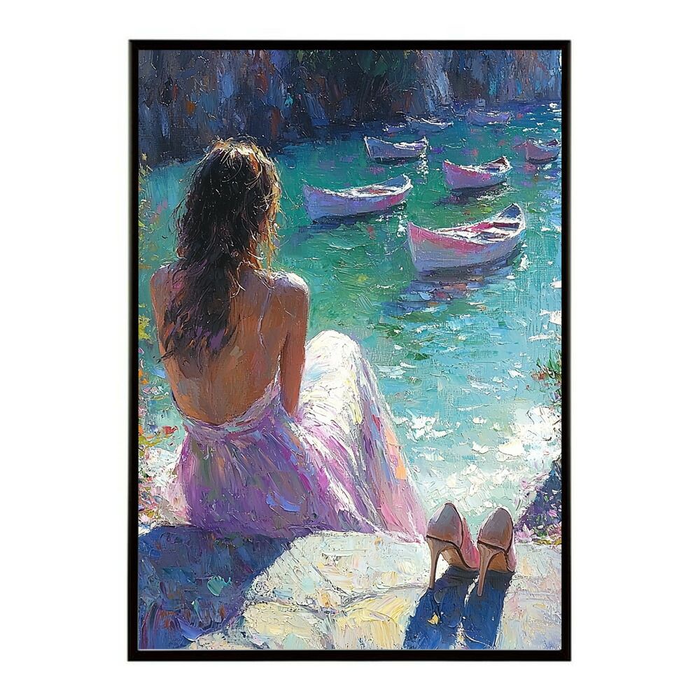 【A2サイズ（約42x59cm）】【lm-poster-2818】【フレーム付き】カフェに沈む午後 美女 絵画 画 油絵 ハンドメイド タッチ 手書き 街角 風景 カフェ ポスター インテリア