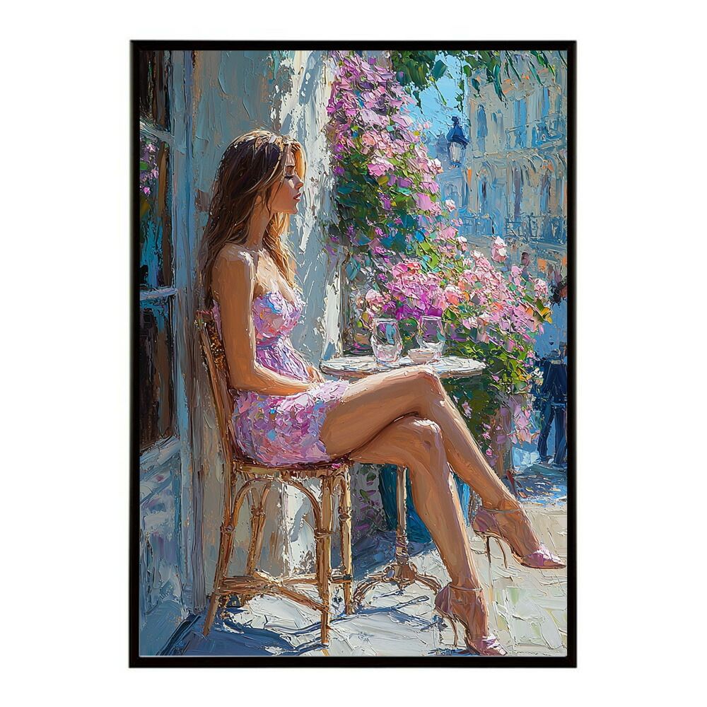 A 約42 x 59 cm lm poster 2819 フレーム付き カフェに沈む午後 美女 絵画 画 油絵 ハンドメイド タッチ 手書き 街角 風景 カフェ ポスター インテリア