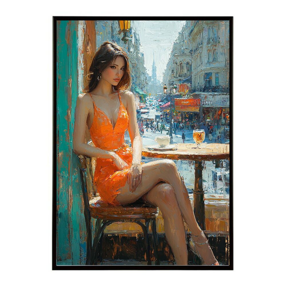 A 約59 x 84 cm lm-poster-2820 フレーム付き カフェに沈む午後 美女 絵画 画 油絵 ハンドメイド タッチ 手書き 街角 風景 カフェ ポスター インテリア