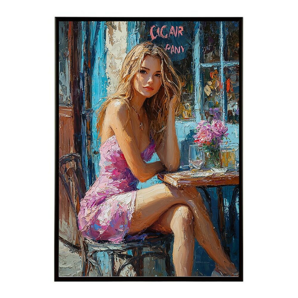 A 約84 x 119 cm lm poster 2821 フレーム付き カフェに沈む午後 美女 絵画 画 油絵 ハンドメイド タッチ 手書き 街角 風景 カフェ ポスター インテリア