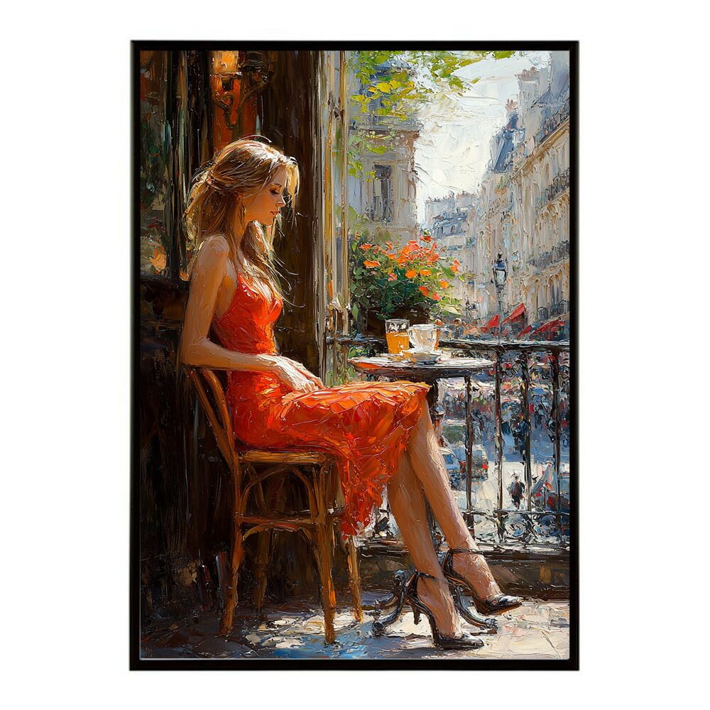 A 約59 x 84 cm lm poster 2822 フレーム付き カフェに沈む午後 美女 絵画 画 油絵 ハンドメイド タッチ 手書き 街角 風景 カフェ ポスター インテリア