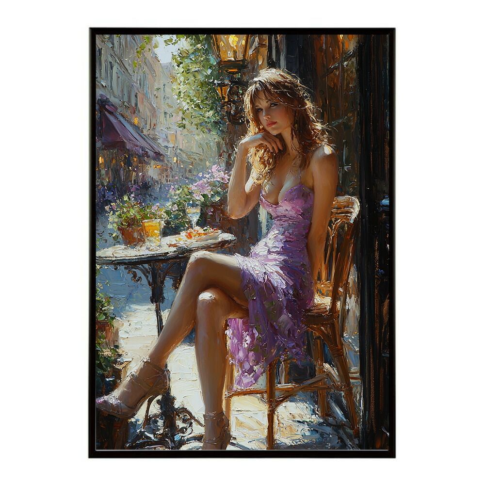 B 約73 x 103 cm lm poster 2823 フレーム付き カフェに沈む午後 美女 絵画 画 油絵 ハンドメイド タッチ 手書き 街角 風景 カフェ ポスター インテリア