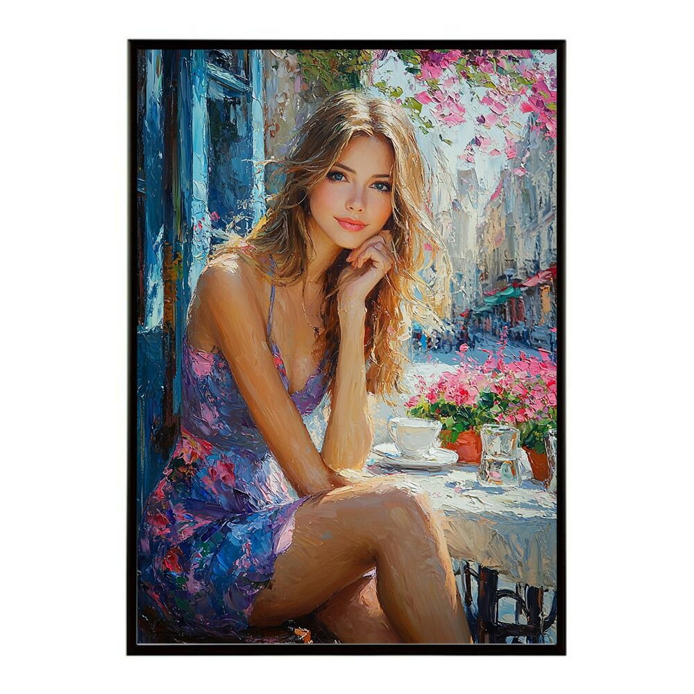 B 約51 x 73 cm lm poster 2824 フレーム付き カフェに沈む午後 美女 絵画 画 油絵 ハンドメイド タッチ 手書き 街角 風景 カフェ ポスター インテリア