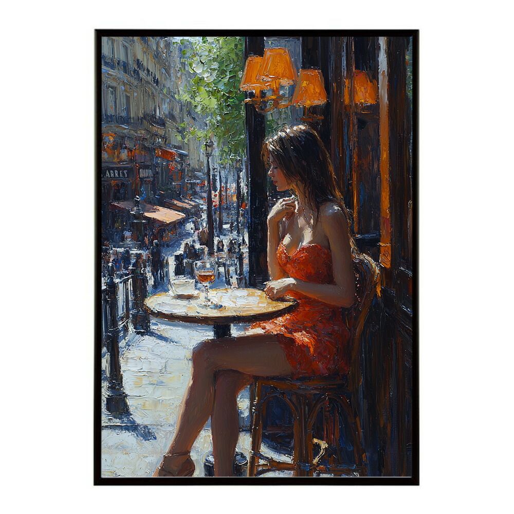 A 約84 x 119 cm lm-poster-2825 フレーム付き カフェに沈む午後 美女 絵画 画 油絵 ハンドメイド タッチ 手書き 街角 風景 カフェ ポスター インテリア
