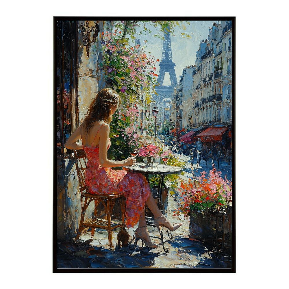 A 約42 x 59 cm lm-poster-2827 フレーム付き カフェに沈む午後 美女 絵画 画 油絵 ハンドメイド タッチ 手書き 街角 風景 カフェ ポスター インテリア