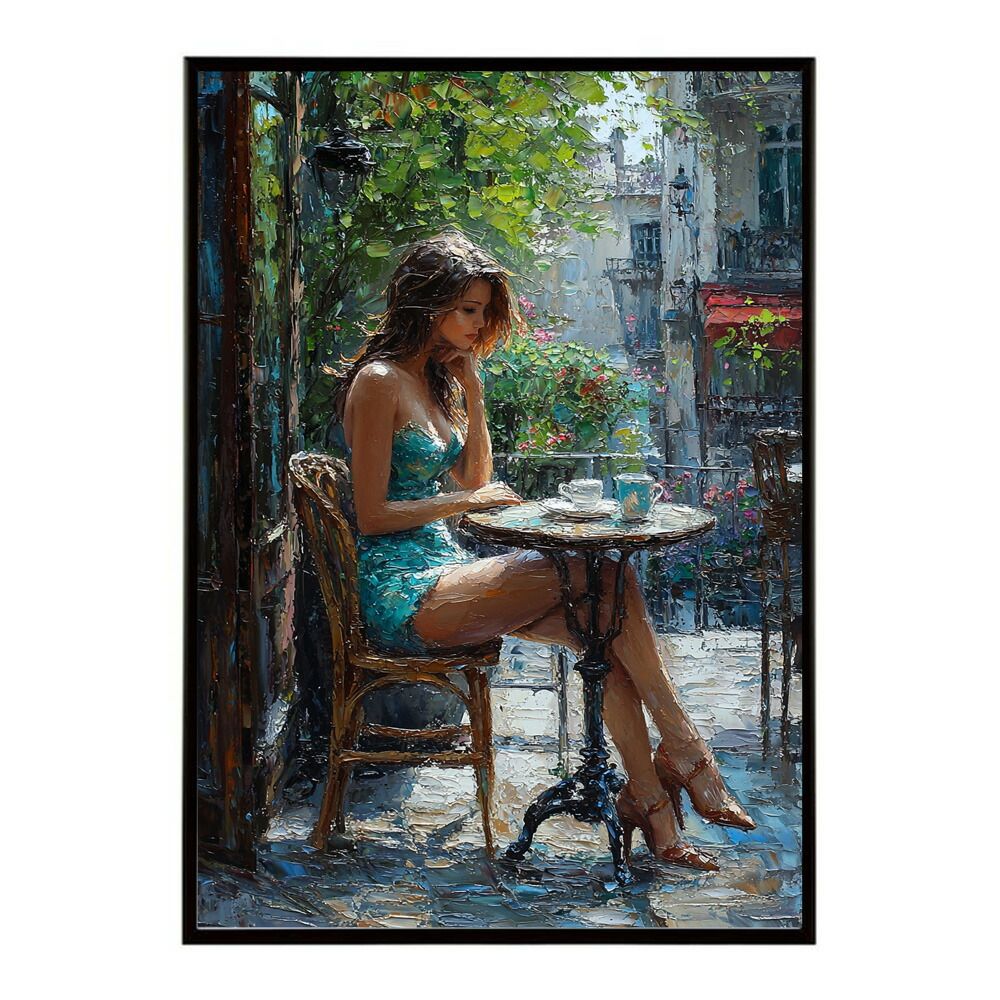 A 約59 x 84 cm lm poster 2828 フレーム付き カフェに沈む午後 美女 絵画 画 油絵 ハンドメイド タッチ 手書き 街角 風景 カフェ ポスター インテリア