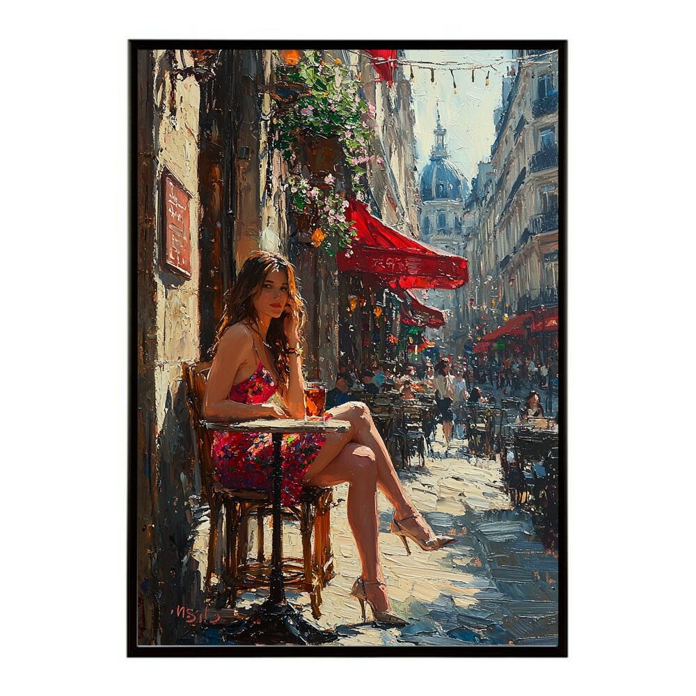 B 約51 x 73 cm lm-poster-2829 フレーム付き カフェに沈む午後 美女 絵画 画 油絵 ハンドメイド タッチ 手書き 街角 風景 カフェ ポスター インテリア