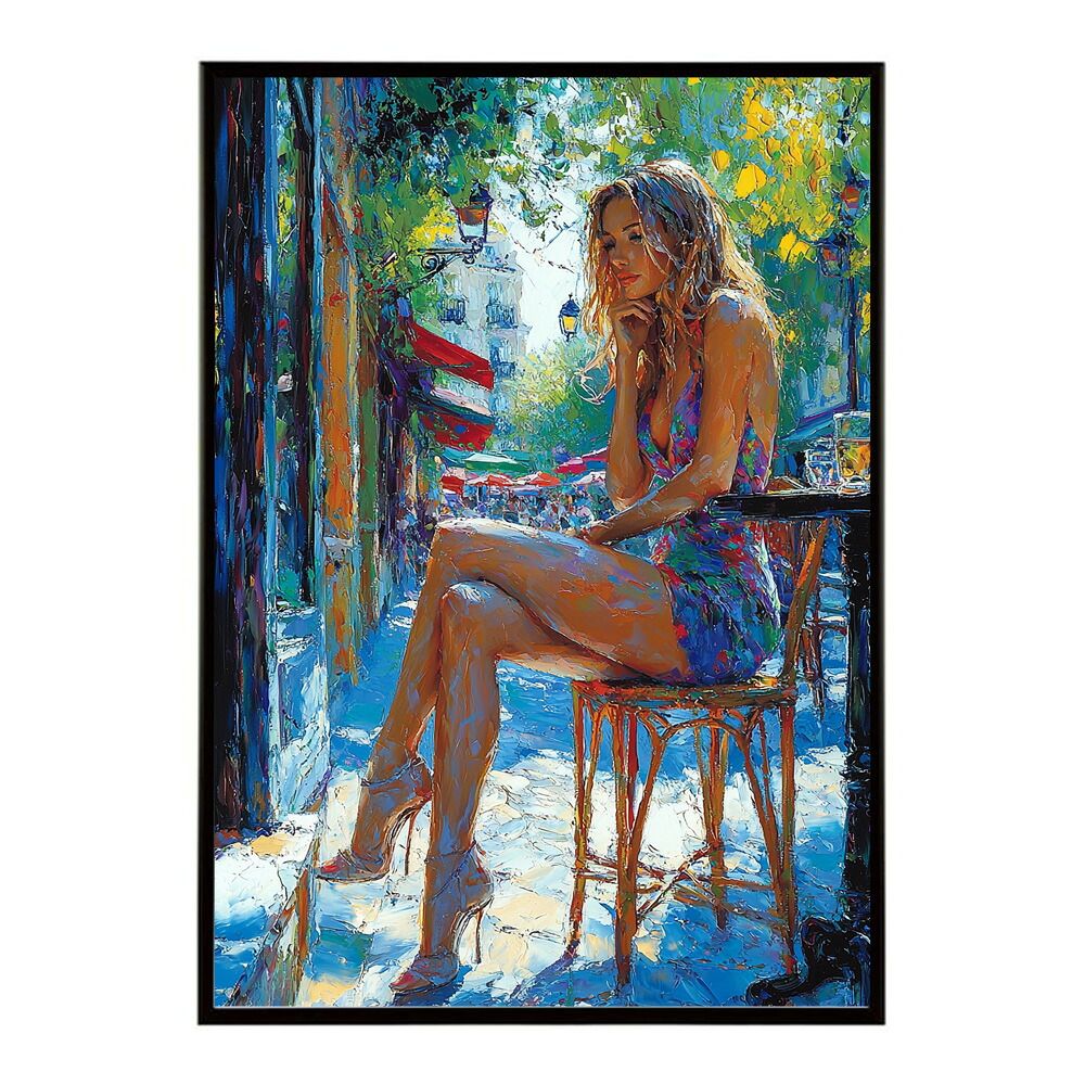B 約73 x 103 cm lm-poster-2830 フレーム付き カフェに沈む午後 美女 絵画 画 油絵 ハンドメイド タッチ 手書き 街角 風景 カフェ ポスター インテリア