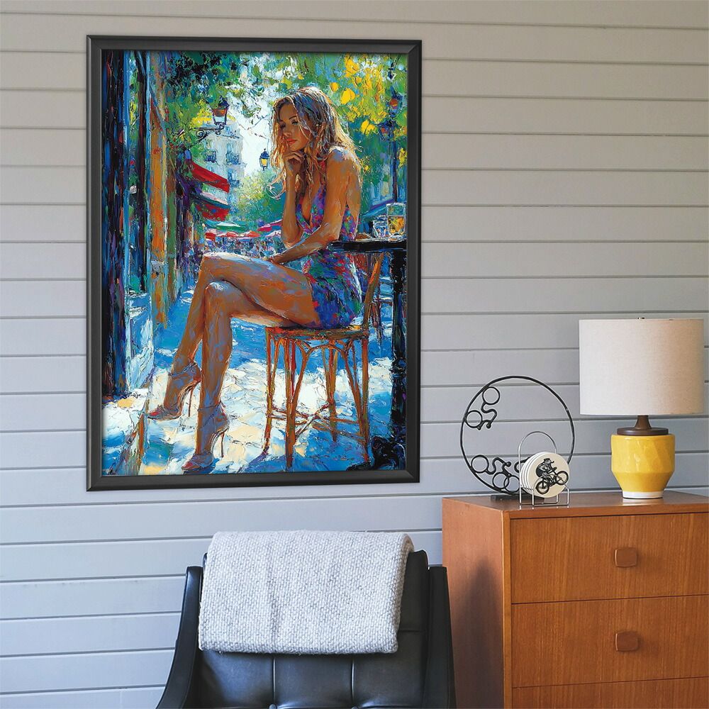B 約73 x 103 cm lm-poster-2830 フレーム付き カフェに沈む午後 美女 絵画 画 油絵 ハンドメイド タッチ 手書き 街角 風景 カフェ ポスター インテリア
