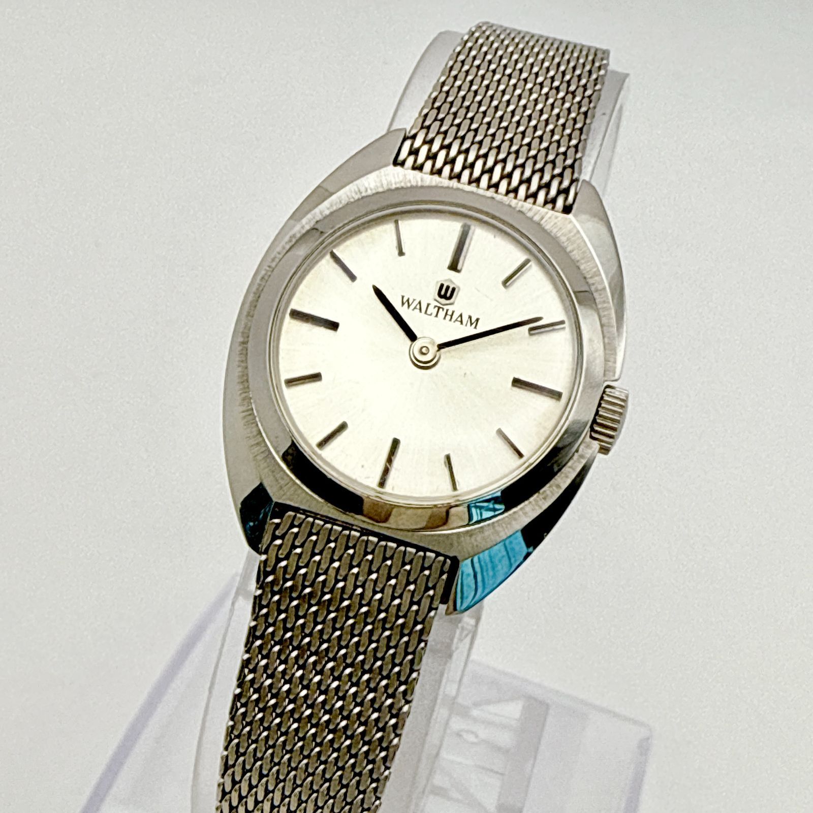 A 108 稼働 アンティーク WALTHAM ウォルサム トノー型ケース シルバーダイアル メッシュベルト 手巻き機械式 レディースウォッチ 裏蓋保護シール付き