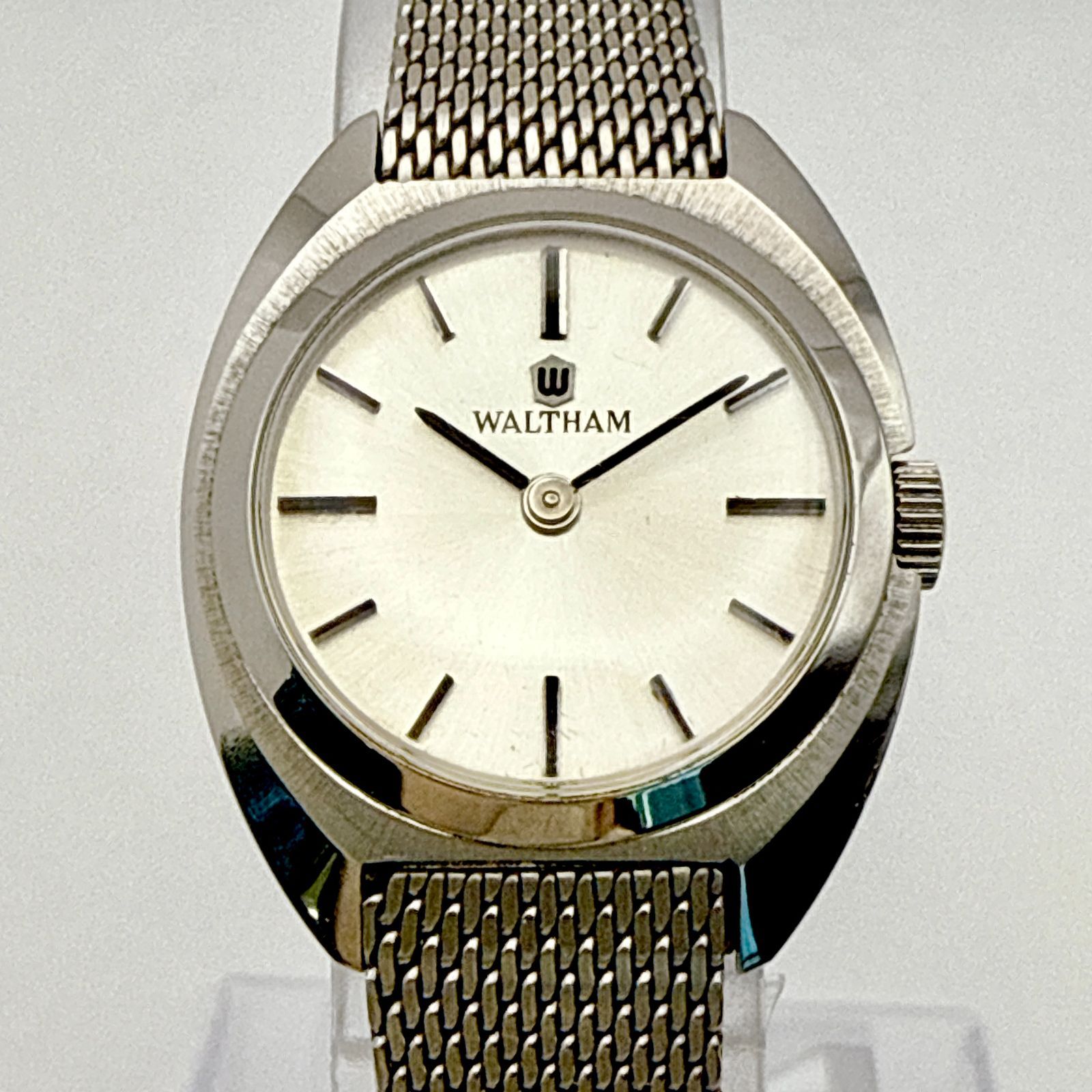 A 108 稼働 アンティーク WALTHAM ウォルサム トノー型ケース シルバーダイアル メッシュベルト 手巻き機械式 レディースウォッチ 裏蓋保護シール付き