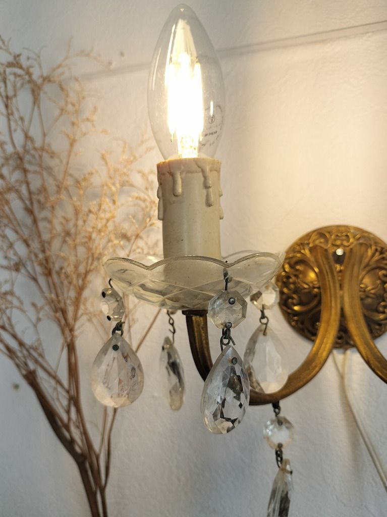フランス アンティーク 壁かけ ランプ 割引 ガラスドロップ付き 2灯