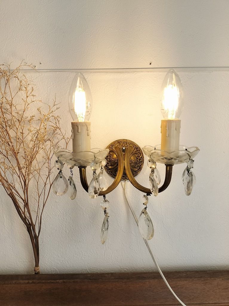 フランス アンティーク 壁かけ ランプ 割引 ガラスドロップ付き 2灯