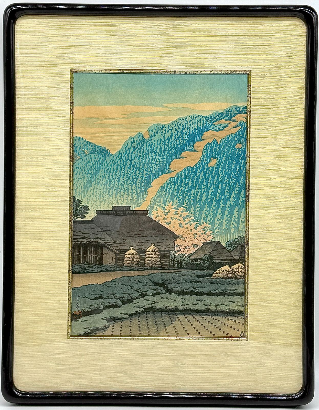 川瀬巴水 木版画 伊豆 西平の朝 ワタナベ印 初期摺り 版木紛失 昭和28年作 新版画６㎜丸印 手摺り 風景 浮世絵