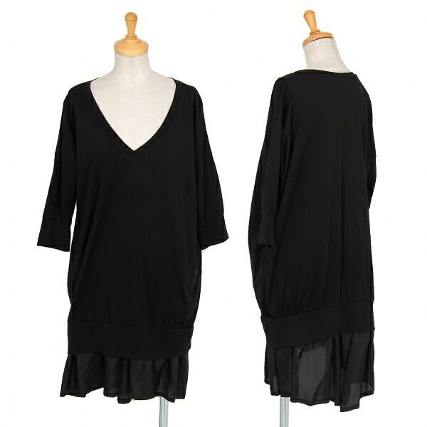 ワイズY s 裾プリーツ切替Vネックカットソーワンピース 黒2