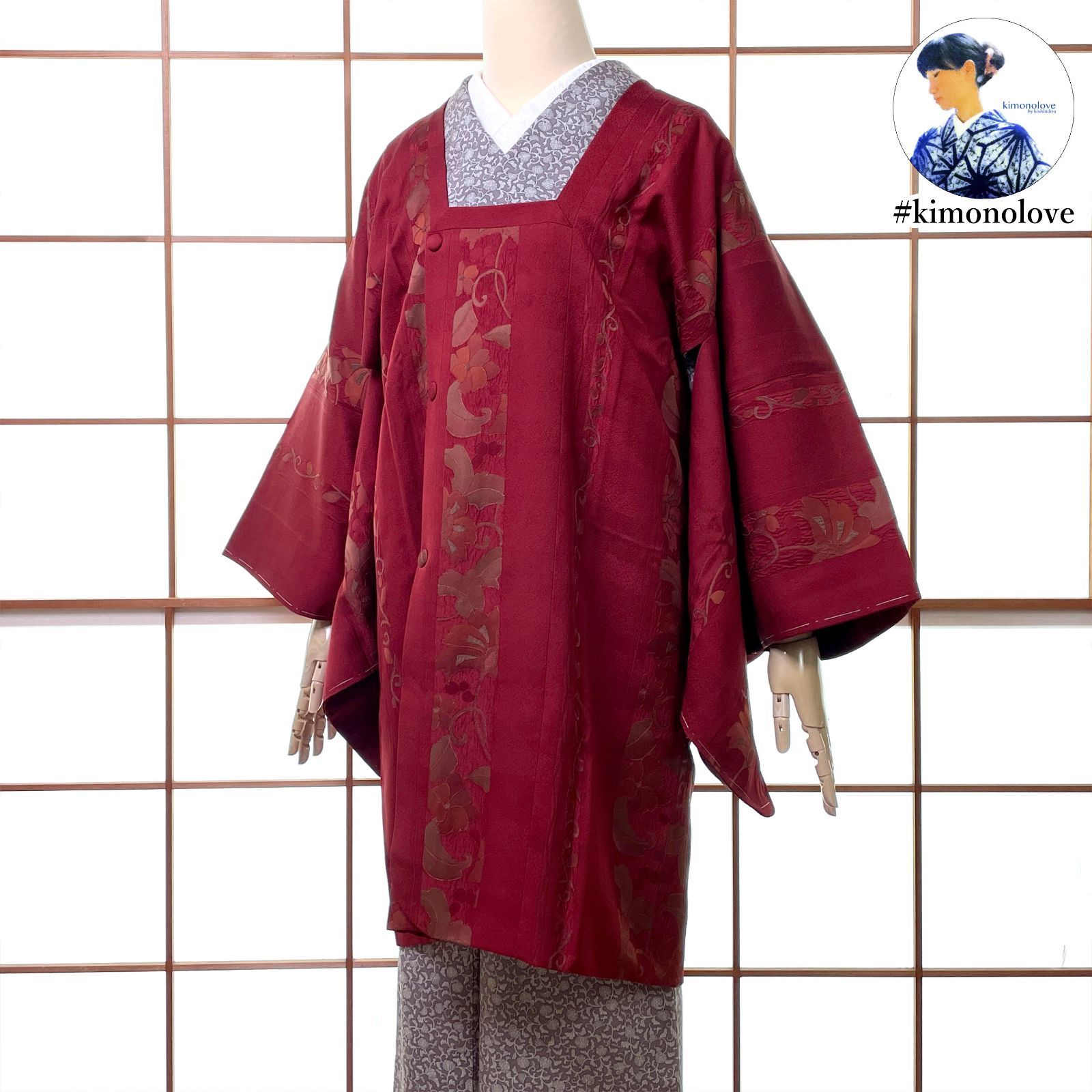 和装コート 道行 ロング丈 正絹 花更紗 エンジ色 手縫い 着物 kimonolove ♥品 一点物 オゾン消臭サービス A-2609