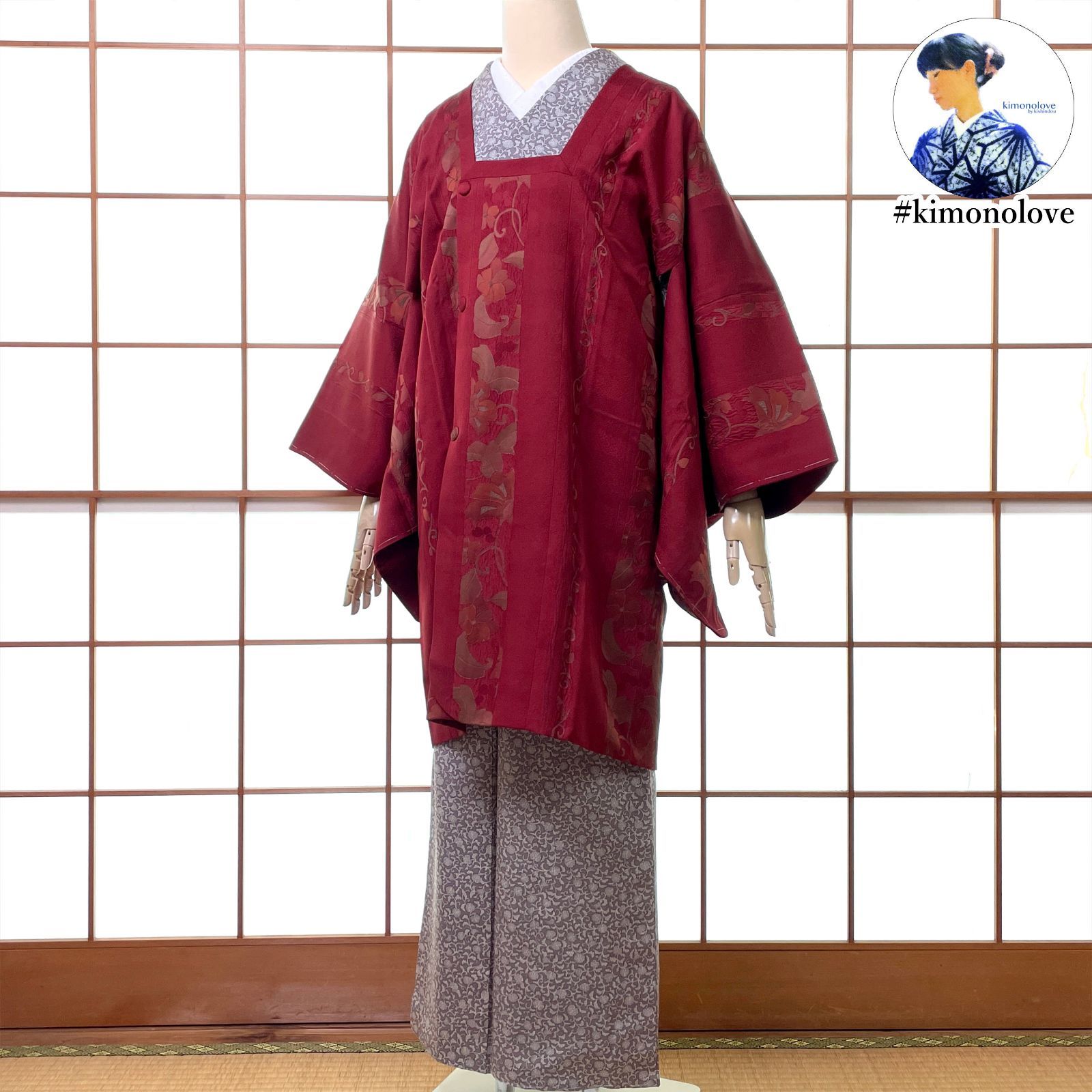 和装コート 道行 ロング丈 正絹 花更紗 エンジ色 手縫い 着物 kimonolove オゾン消臭サービス A-2609
