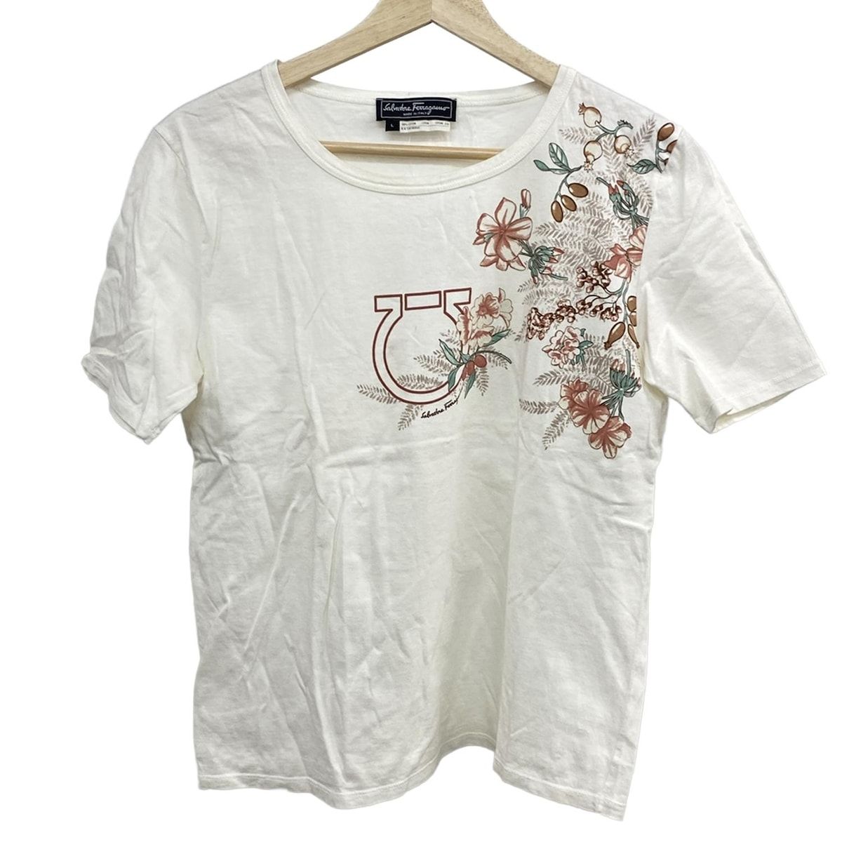 サルバトーレフェラガモ 半袖Tシャツ サイズL レディース - アイボリー×ボルドー×マルチ クルーネック|花柄|ガンチーニ