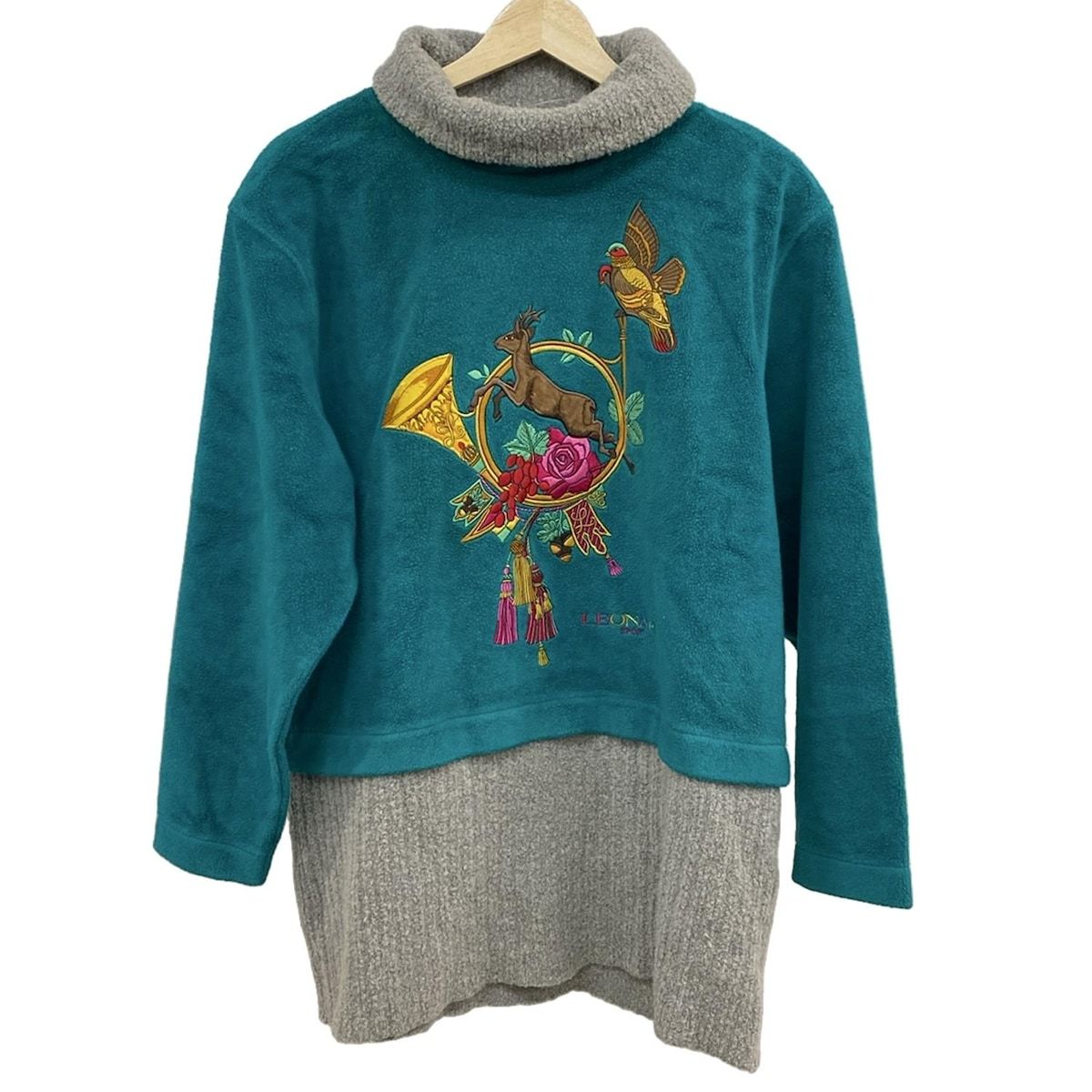 レオナールスポーツ チュニック サイズF レディース ブルーグリーン ライトグレー マルチ タートルネック 長袖 部分ニット 刺繍