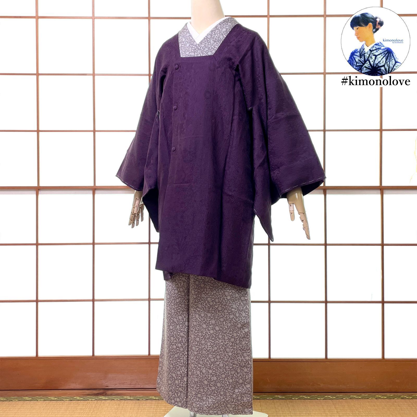 和装コート 道行 ロング丈 正絹 草花柄 古代紫 手縫い 着物 kimonolove ♥品 一点物 オゾン消臭サービス A-2610