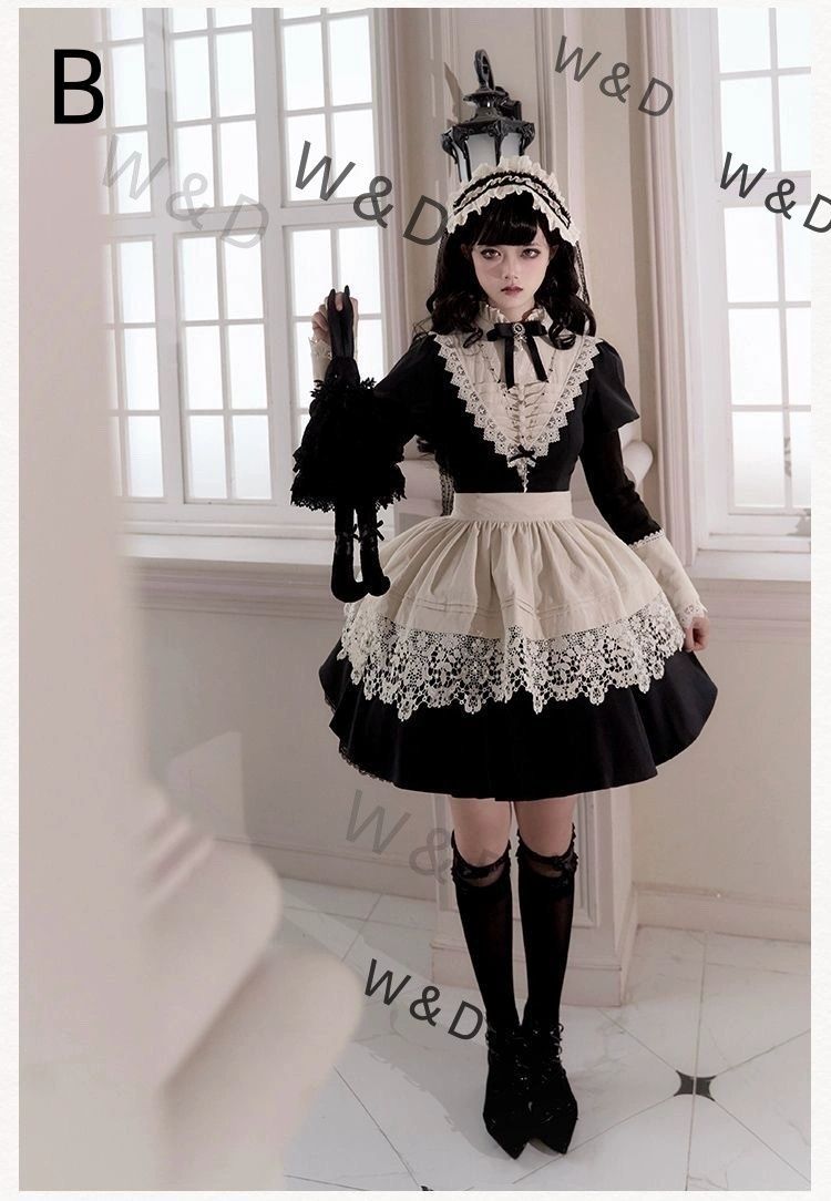 ロリータ ゴシック メイド ワンピース ブラック ロング丈 ショート丈 アームカバー エプロン コスプレ ダーク おしゃれ ゴシック＆ロリータ 甘くも妖しい ゴシックロリータのメイドワンピース
