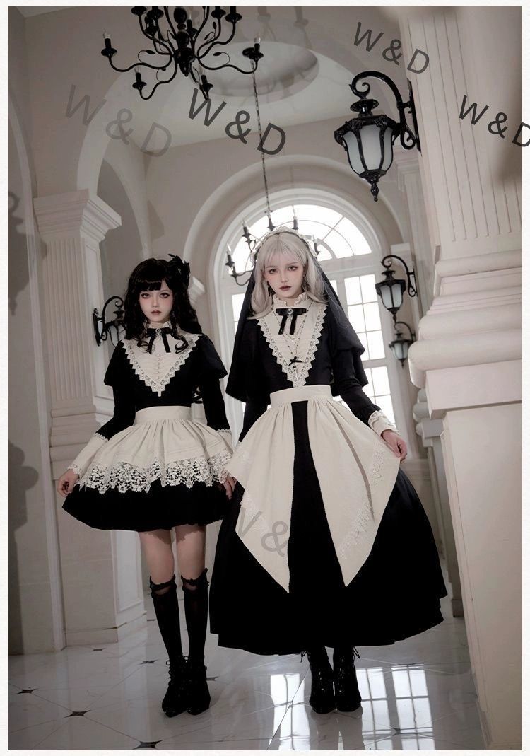 ロリータ ゴシック メイド ワンピース ブラック ロング丈 ショート丈 アームカバー エプロン コスプレ ダーク おしゃれ ゴシック＆ロリータ 甘くも妖しい ゴシックロリータのメイドワンピース