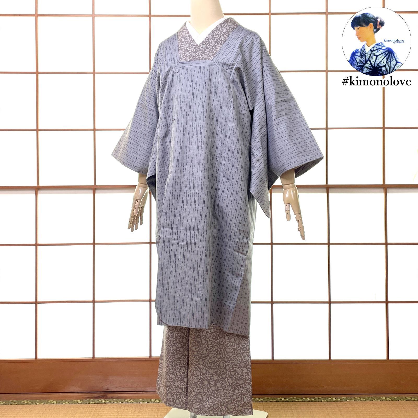 和装コート 道行 ロング丈 紬 正絹 立涌 グレー 手縫い パールトーン加工 着物 kimonolove ♥品 一点物 オゾン消臭サービス A-2611