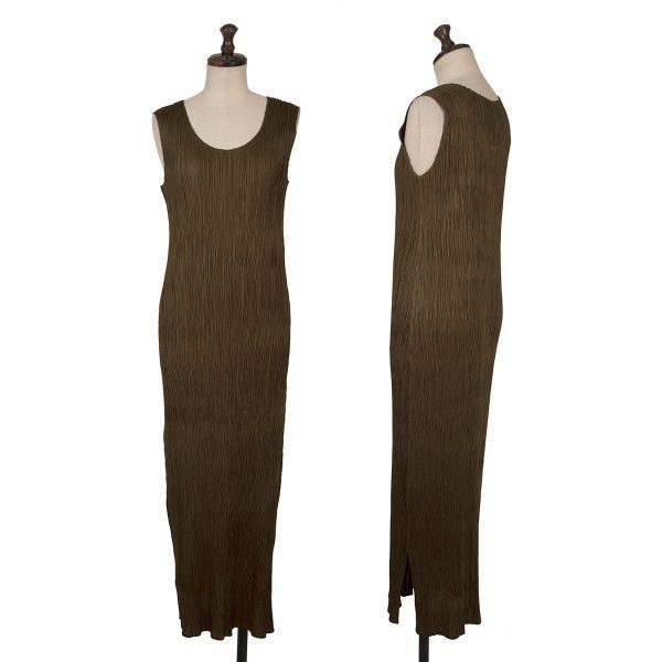 プリーツプリーズPLEATS PLEASE クレーププリーツサイドスリットノースリーブワンピース カーキ4