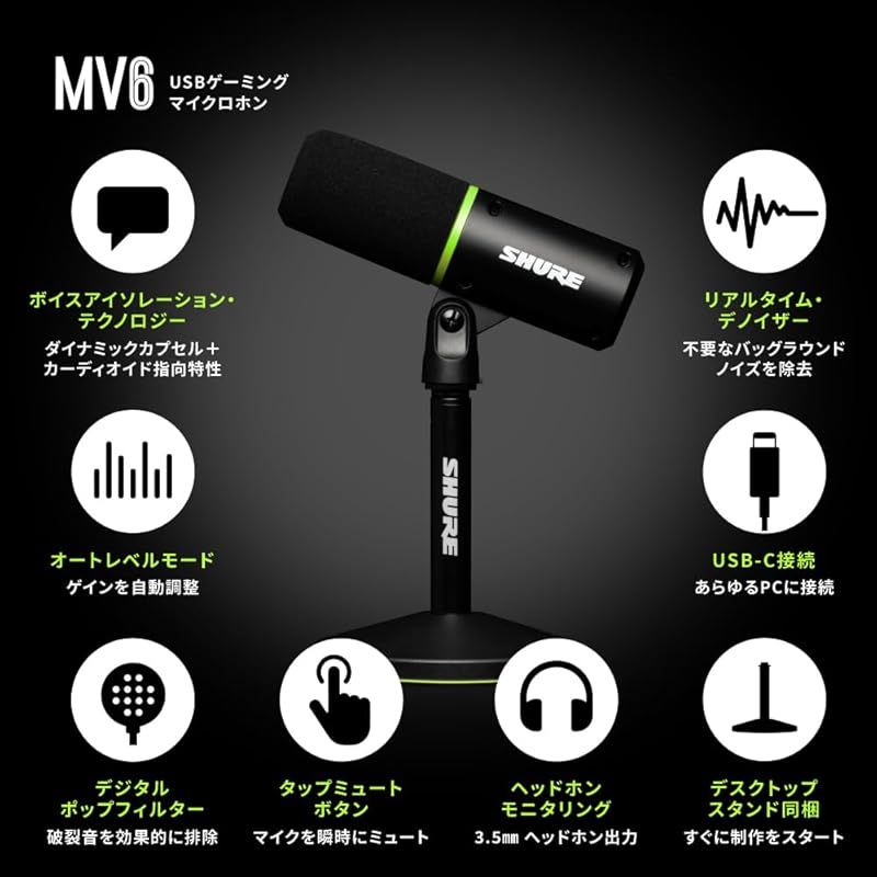 VGP 2025 金賞 SHURE シュア MV 6 USB ゲーミング マイクロホン ゲーム ゲーマー 配信 ストリーミング ダイナミックマイク 単一指向性 C 有線 ノイズ除去 オートレベルモード ミュートボタン MOTIVシリーズ Window