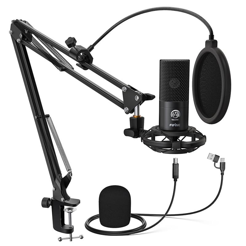 FIFINE USBマイクセット コンデンサーマイク ゲーミングマイク 単一指向性 アームスタンド付き 三脚スタンドなし ポップガード付き 配信用マイク ABタイプ USBケーブル PC用 Skype 録音 ゲーミング ライブ配信 ゲーム実況 在宅勤務 Wi