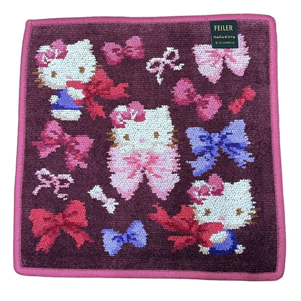 FEILER フェイラー 小物 - ボルドー×ピンク×マルチ ハンドタオル ハローキティ リボン Hello Kitty SANRIOコラボ